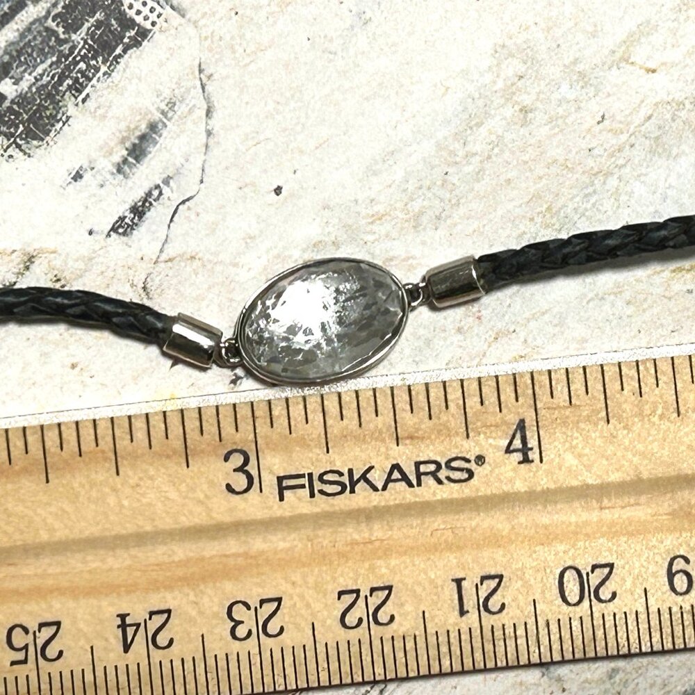 Swarovski Black Braided Leather Oval Crystal Bracelet Silver Designer Signed